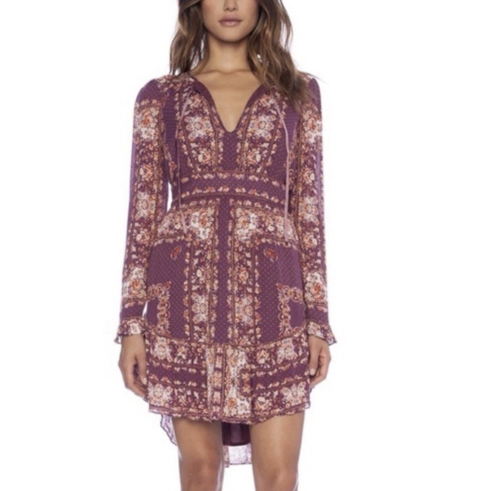 Free People Bridgette Mini Dress Purple Floral Long Sleeve S
